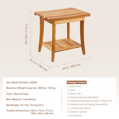 VEVOR Teak Shower Bench, 20in Waterproof Wood Shower Stool with Storage Shelf Non-Slip Foot Pads, 400 lbs Load Capacity Shower Chair Seat, for Bathroom Indoor and Outdoor Use - size: 20in