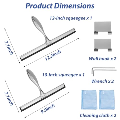 Set of 2 Stainless Steel Shower Squeegees, 10” & 12” with Wall Hook Holders and Microfiber Cloths, Ideal for Glass and Window Cleaning