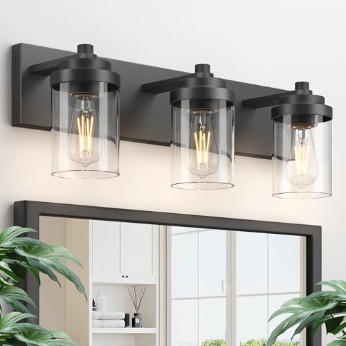 Bathroom Vanity Light, 3-Light Modern Black Vanity Light Fixtures with Clear Glass Shade, 22in Matte Black Bathroom Light Fixtures Over Mirror, Rustic Restroom Lighting Fixtures - color: Black, size: 3-Light