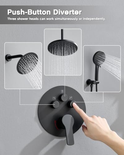 Iriber Matte Black Shower head with Handheld,8"+10" Rain Shower Faucet Set | 10 Inch Ceiling +8 Inch Wall Mount Dual Shower Heads,Push Button Diverter,3 Setting Handheld,Pressure Balance Valve Cartridge - color: Matte Black 06