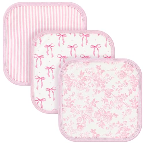 Irenare 3 Pack Pink Bow Baby Washcloths, Floral Striped Baby Soft Face Towels, Absorbent Knit Terry Wash Cloth for Girls, Gentle on Sensitive Skin Great for Bathing Wiping Shower Gift and Essential