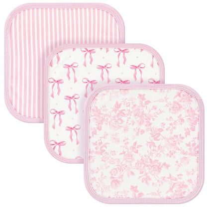 Irenare 3 Pack Pink Bow Baby Washcloths, Floral Striped Baby Soft Face Towels, Absorbent Knit Terry Wash Cloth for Girls, Gentle on Sensitive Skin Great for Bathing Wiping Shower Gift and Essential