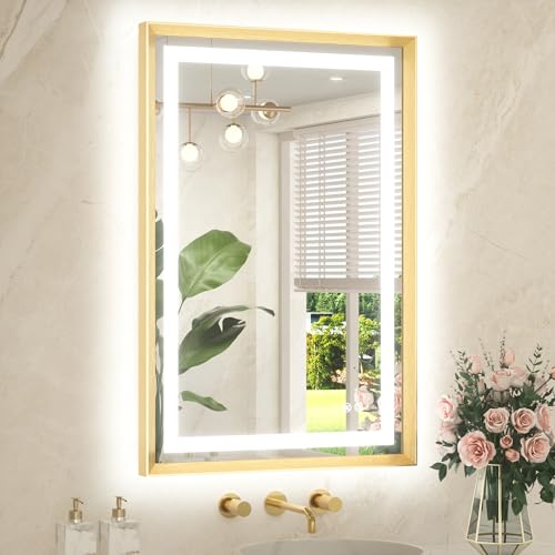 24 x 36 Bathroom LED Mirror Brushed Gold Metal Frame Frontlit & Backlit Vanity Mirror Anti-Fog Stepless Dimmable 3 Colors White/Warm/Natural Mirror with Lights Wall-Mounted - color: Brushed Gold, size: 36"L x 24"W