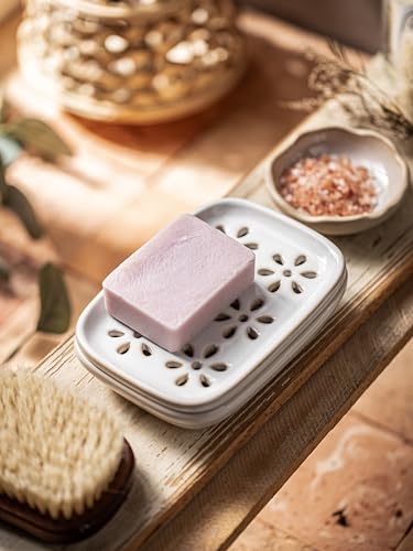 Miamolo Soap Dish for Shower with Drainage, Double Layer Bar Soap Holder, Ceramic Soap Saver Sponge Holder for Bathroom, Tub and Kitchen Sink, Slotted Draining Soap Dishes Extend Soap Life, Beige - color: Beige