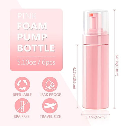 TMLECE 5.1oz/150ml Travel Size Foaming Soap Dispenser Bottles(6 Pack) | Pink BPA-Free PET Material, Foaming Pump, Rich Foam, Leak-Proof Design for Hand Soap, Cleanser & Shampoo, Travel & Home Use - color: Pink, size: H.150ML(5.1OZ),6Pack
