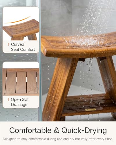 StrongTek Teak Shower Stool with Shelf, 18 in, Curved Seat, 400 lb Capacity | Quick-Dry Slats, Water-Resistant Surface, Solid Construction, Easy-Access Shelf, Shower, Bathtub and Bathroom Use