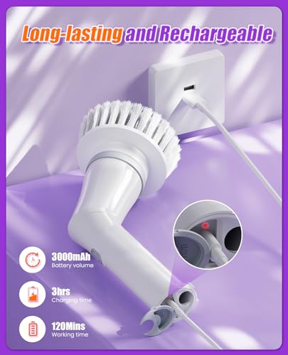 6-in-1 Cordless Electric Spin Scrubber with Long Handle | Power scrubber, bathroom scrubber, 47.2 in long handle, 2 speed scrub brush, IPX7 rated body, kitchen, tile, tub, floor - size: 6heads