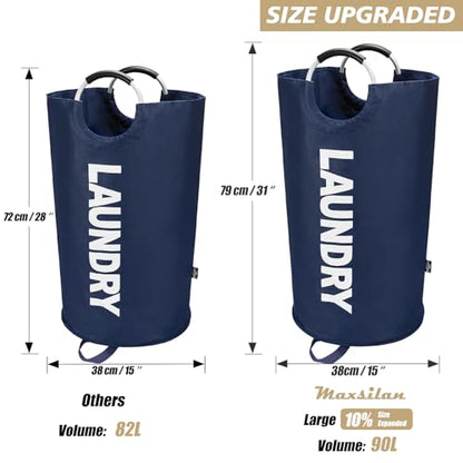 Maxsilan 90L Large Laundry Basket Bag, Collapsible Tall Hamper, Dark Blue | Freestanding tall laundry bag & foldable washing basket. Large capacity clothes storage bin with durable sturdy handles - color: Dark Blue, size: 90L