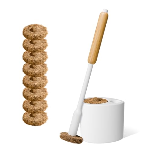 TUSHY Toilet Brush 2.0 Set with Holder, 8 Coconut Husk Scrubbing Pads | Cleanser-Infused and Disposable, Planet Friendly Refills in Lemon and Tea Tree Scents - style: Brush Starter Kit