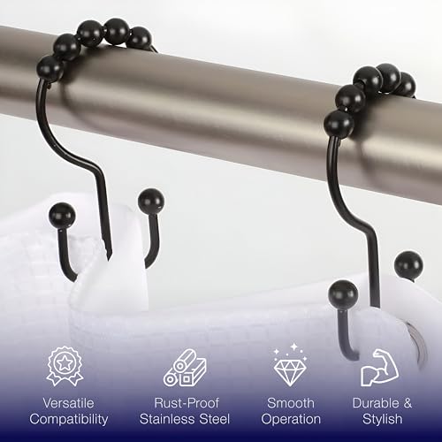 2lbDepot Double Shower Curtain Hooks Rings (Matte Black Decorative Finish) Premium Rust Resistant Stainless Steel Metal Hook, Roller Balls Glide on Shower Rods, Set of 12 Pieces - color: Black