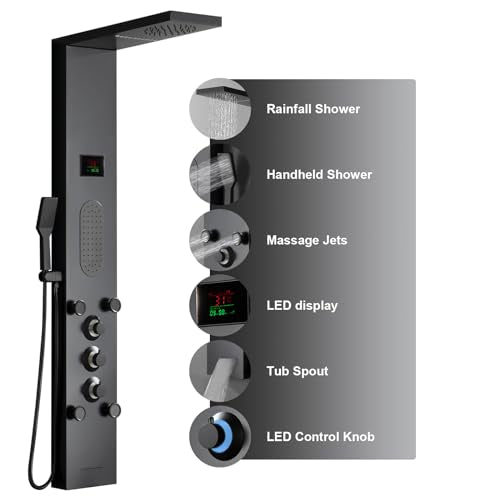 BWE LED Shower Panel,Black Rainfall Shower Panel Tower System | Stainless Steel Shower Tower with Massage Body Jets Tub Spout Wall Mounted Shower Fixtures with Temperature Display