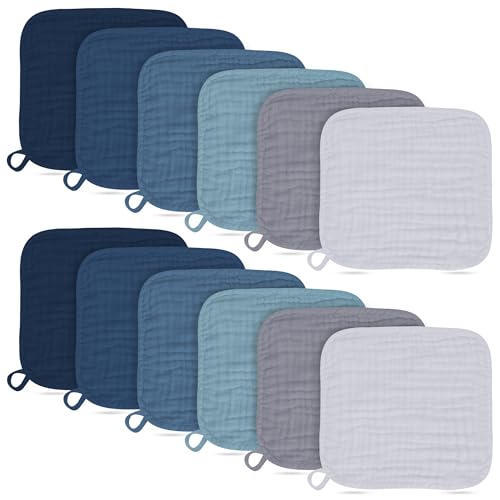 Baby Washcloths -100% Cotton Muslin Soft Baby Bath Wash Cloths and Absorbent Baby Wipes for Newborns Kids Girls and Boys - 12 Pack, 12x12 Inches - Slate, Grey, Navy Series - color: Slate, Grey, Navy Series, size: 12x12 Inch (Pack of 12)