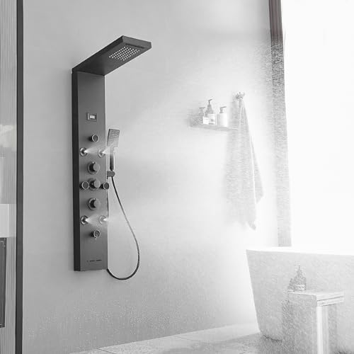 Stainless Steel Shower Panel Tower System 6 IN 1 Massage System | Rainfall Waterfall Shower Head,Two Mode Body Spray Jets,Waterfall Tub Spout,with Temperature Display,Wall Mounted,Matte Black - color: Black
