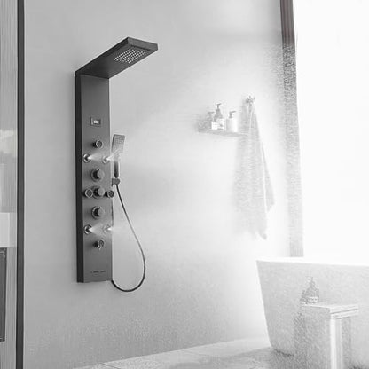 Stainless Steel Shower Panel Tower System 6 IN 1 Massage System | Rainfall Waterfall Shower Head,Two Mode Body Spray Jets,Waterfall Tub Spout,with Temperature Display,Wall Mounted,Matte Black - color: Black