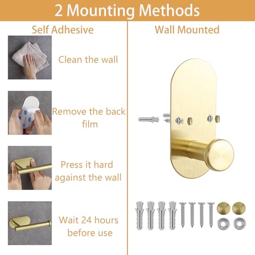 TocTen 5 Pieces Wall Mounted or Self Adhesive Towel Bar Set, Stainless Steel Bathroom Hardware Set Include 16″ Towel Rack, Toilet Paper Holder, 3 Towel Hook, Sticky Bathroom Accessory Kit (Gold) - color: Brushed Gold
