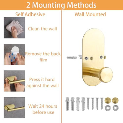 TocTen 5 Pieces Wall Mounted or Self Adhesive Towel Bar Set, Stainless Steel Bathroom Hardware Set Include 16″ Towel Rack, Toilet Paper Holder, 3 Towel Hook, Sticky Bathroom Accessory Kit (Gold) - color: Brushed Gold