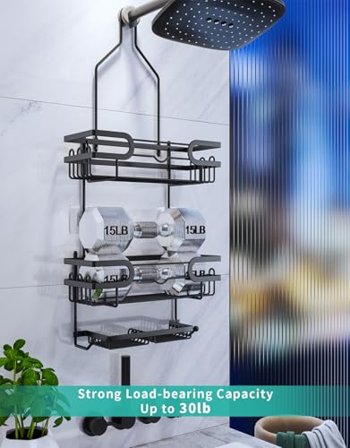 HapiRm Bathroom Hanging Shower Caddy - Rustproof & Waterproof Shower Shelf with 12 Hooks and 2 Soap Holders, No Drilling Bathroom Organizers and Storage - Black - color: Black(Large)