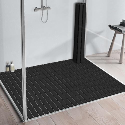 Yolife PVC Large Shower Mat, 35.4 × 24 Inch Non Suction Cup Non Slip Shower Floor Mat, Easy to Cut & Curlable Stand Up Shower Stall Mat, Heavy Duty Bath Shower Mats for Inside Shower - color: Black