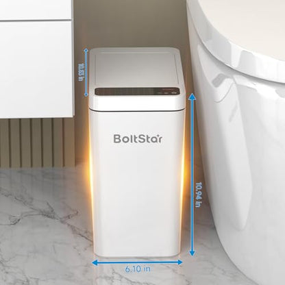 Solar Automatic Bathroom Trash Can: 2.6 Gallon Small Motion Sensor Garbage Can, No Charging Required, Slim Smart Touchless Trash Bin with Lid for Bedroom, Living Room, Office, RV, White - size: 2.6 gallons
