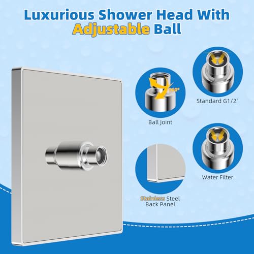 Hibbent cUPC Certified Thickness Metal 8'' Square Rain Shower Head, Chrome | High Pressure Shower Head, Bathroom Waterfall Shower Heads, High Flow Fixed Showerheads with Adjustable Brass Ball Joint - color: Chrome, style: Square 8''