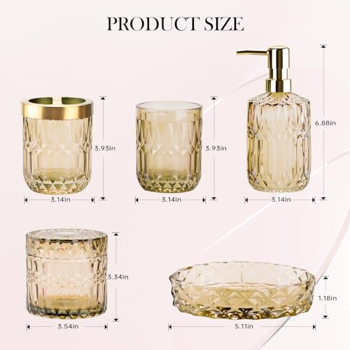 Bathroom Accessory Set 5 Pcs, Glass Bathroom Set Include Soap Dish, Toothbrush Holder, Mousewash Cup, Soap Dispenser, Cotton Swab Jar, Amber - color: Amber, style: 5 Pack