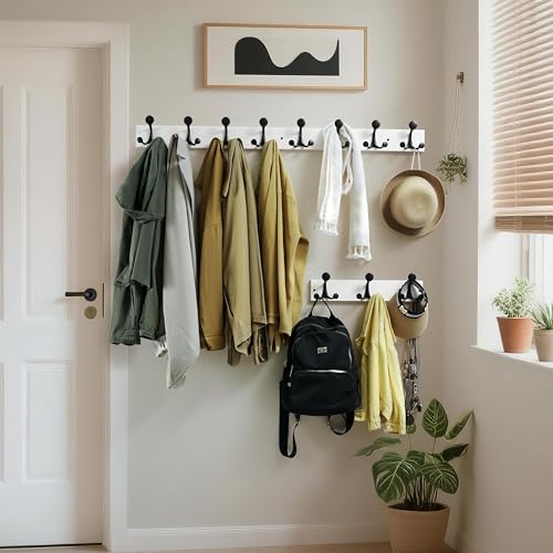 WEBI Coat Rack Wall Mount,17" Solid Wood Coat Hooks Wall Mounted Coat Hanger,16" Hole to Hole,Heavy Duty Hook Rack Rail,3 Triple Hooks for Hanging Coats,Jacket,Clothes,Hat,Backpack,White,2 Packs - color: White, size: 17 Inch(2 Pcs)