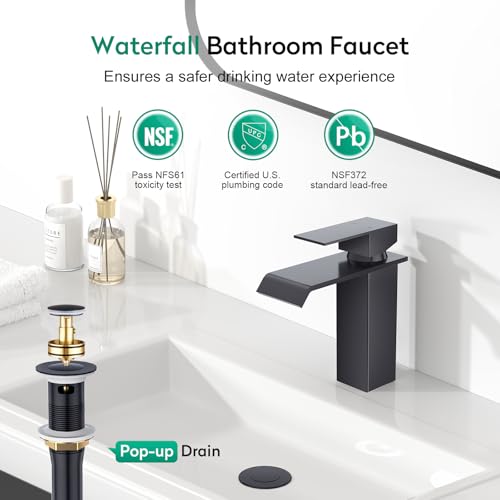 CREA Black Waterfall Bathroom Faucet 1 Hole,Matte Black Bathroom Faucet Single Handle Bathroom Sink Faucet with Pop Up Drain Stopper/ 3 Hole Plate,Stainless Steel RV Vanity Faucet Basin Mixer Tap - color: Black, style: Wide Spout