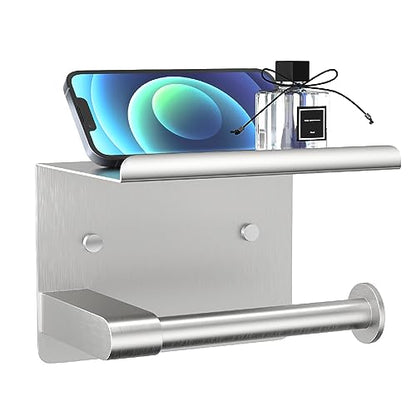 GLNLQ Brushed Nickel Toilet Paper Holder Wall Mount, Fits Mega Rolls Size Sliver Toilet Paper Holder with Shelf, Rustproof Stainless Steel Toilet Paper Roll Holder, Toilet Tissue Holder for Bathroom | Adhesive or Screw-in, Stainless Steel Material, Wall-M
