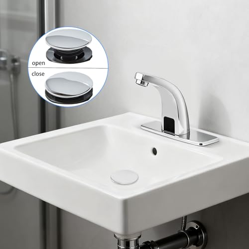 Plastic Bathroom Sink Pop up Drain Stopper | with Overflow,Basin Waste,Chrome Cap with Strainer Basket for Vanity Vessel