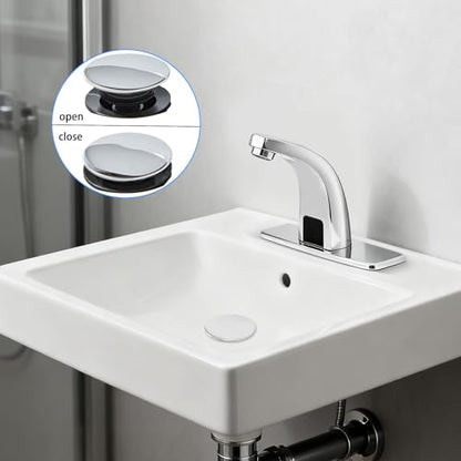 Plastic Bathroom Sink Pop up Drain Stopper | with Overflow,Basin Waste,Chrome Cap with Strainer Basket for Vanity Vessel