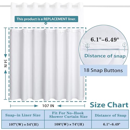 Conbo Mio 3 Pack Hotel Fabric Snap in Shower Curtain Liner Replacement Removable Water Repellent Liner for Bathroom Shower Curtain Liner 107W X 54H - size: 107"W x 54"L (Pack of 3)
