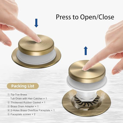 Tip-Toe Bathtub Drain Kit with Hair Catcher, Brushed Gold | 2-Hole Overflow Faceplate, Solid Brass, 5-Layer Plated, Fits 1.5"/1.75" Drains, For Bathroom Remodel, Matches Fixtures - color: Brushed Gold