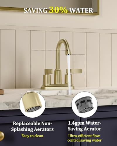 Brushed Gold Bathroom Sink Faucet 3 Hole 4 Inch Centerset Bathroom Faucets | Faucet for Bathroom Sink with Pop Up Drain and 2 Supply Hoses 2 Handle Bathroom Faucet for Sink Vanity RV Evolvegoods - color: Brushed Gold