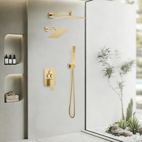 gotonovo Shower Faucet Set Push Button 10+6 Inch Dual Head Brushed Gold | Rain Dual Shower Head System with Handheld Spray for Couple,Push Button Diverter,High Pressure Valve Trim Kit,All Metal - color: Gold, size: 10+6 Inch Dual Head