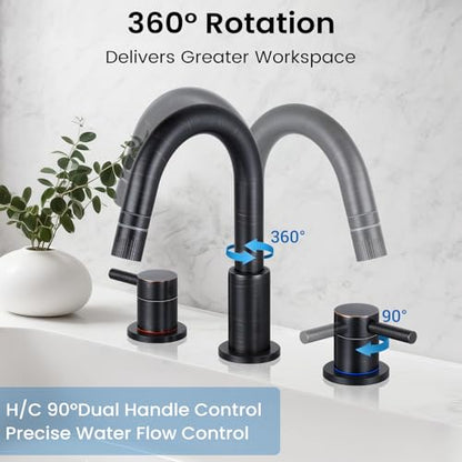 Pull-Down Bathroom Faucet 3 Hole 8 Inch with Pop-Up Drain,Oil Rubbed Bronze | 360° Swivel Spoutr & Dual Modes,8" Widespread 2-Handle, Pop-Up Drain & 10-Min Install for 3-Hole Bathroom Sink Faucets. - color: ORB