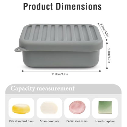 Silicone Travel Soap Case with Lid & Drain Tray, Leakproof, for Travel | Food-grade silicone, Leakproof seal, Built-in hook, Removable drain pad doubles as soap holder, For gym, travel, camping - color: Grey