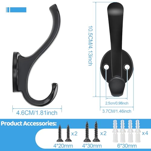 6 Pack Coat Hooks Wall Mount Heavy Duty Utility Retro Double Hooks for Hanging Coats,Hat, Towel, Key, Robe, Scarf, Bag, Cap (Black) - color: 6 Pack-Black
