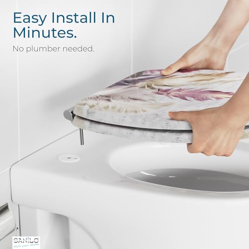SANILO Wooden Toilet Seat with Soft Close [ROUND] - Decorative, Quiet & Slow Close Molded Wood Seat - With Strong Bumpers & Hinges - Adjustable Fit – Feathers - color: Feathers