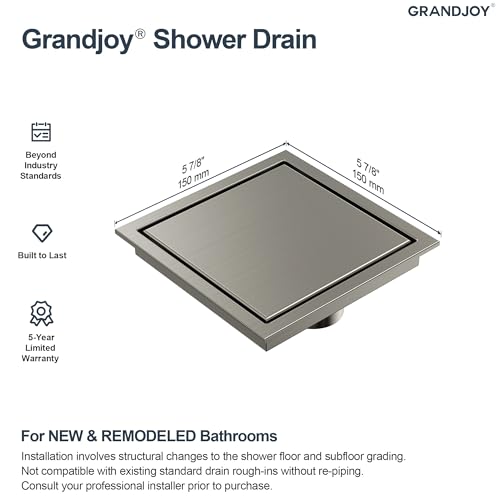 6 Inch Square Shower Floor Drain, Brushed Nickel SUS304 Stainless Steel Grid Grate with X-Shaped High Flow Channel, Anti-Clogging Hair Strainer, Standard 2" Outlet | Reversible flat & tile-in cover, anti-odor auto-seal core, burr-free smooth edges for bar