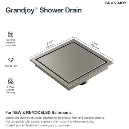 6 Inch Square Shower Floor Drain, Brushed Nickel SUS304 Stainless Steel Grid Grate with X-Shaped High Flow Channel, Anti-Clogging Hair Strainer, Standard 2" Outlet | Reversible flat & tile-in cover, anti-odor auto-seal core, burr-free smooth edges for bar