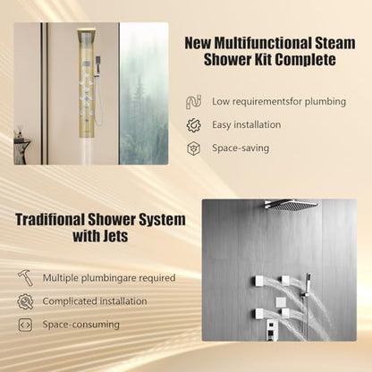 6-in-1 LED Shower Panel Tower System with 8 Adjustable Body Jets, Rainfall & Waterfall Shower, Smart Temperature Display, 59" Hose, Brushed Gold Stainless Steel, Wall Mounted - color: Gold