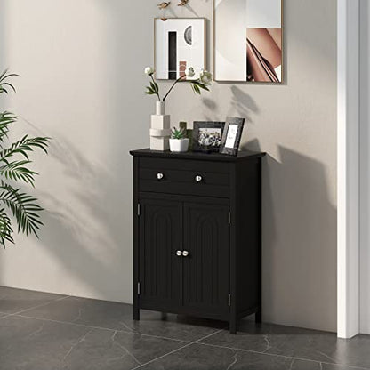 COSTWAY Bathroom Floor Cabinet, Wooden Side Storage Organizer w/Larger Drawer, Adjustable Shelf & 2-Door Cupboard, Freestanding Storage Cabinet for Living Room, Kitchen, Entryway (Black) | Larger Drawer, Adjustable Shelf & 2-Door Cupboard, Freestanding St