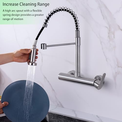 Wall Mount Faucet 8"" Center, High Arc Kitchen Sink Tap, Grifos De Cocina | 304 Stainless Steel Constructed, Pull Down Sprayer, Brushed Nickel, Rotatable, 3-Function Sprayer - color: Style B, Right Handle