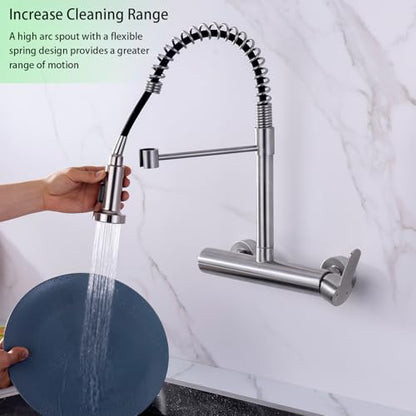 Wall Mount Faucet 8"" Center, High Arc Kitchen Sink Tap, Grifos De Cocina | 304 Stainless Steel Constructed, Pull Down Sprayer, Brushed Nickel, Rotatable, 3-Function Sprayer - color: Style B, Right Handle