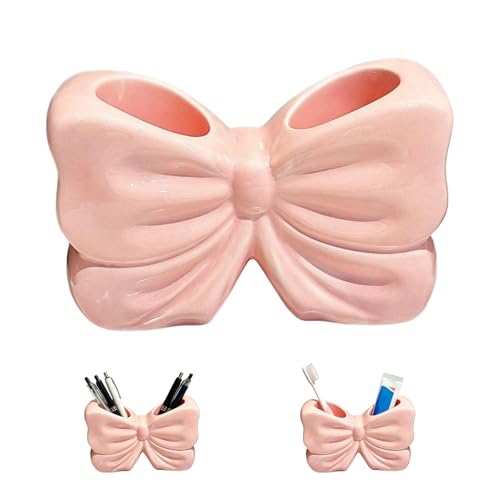 Bow Toothbrush Holder, Cute Ceramic Toothbrush Holder Set, Bow Bathroom Decor Accessories, Available in Pink, Green, Purple, Countertop Vanity Organizer for Home Bathroom Decoration (Pink) - color: Pink