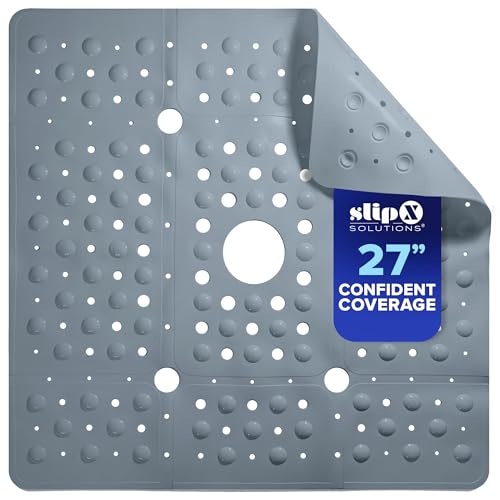 SlipX Solutions 27" Oversize Square Shower Mat, Non-Slip Mat for Elderly & Kids, 100+ Power Grip Suction Cups for Smooth Surfaces, Machine Washable, Solid Gray - color: Solid Gray