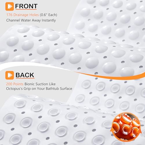 Yimobra White Non Slip Bath Mat for Tub 40" x 16", Extra Long Bath Tub Mat | Soft Underfoot Comfort, Strong Suction Cups, Machine Washable Bathtub Mat, Drain Holes, Large Shower Mats for Inside Shower - color: White