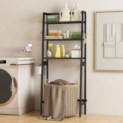 GIANTEX Over The Toilet Storage, 3-Tier Freestanding Bathroom Space Saver with 2 Hooks, Toilet Paper Holder & Adjustable Bottom Bar, Metal Over Toilet Bathroom Organizer for Restroom, Laundry (Black) - color: Black