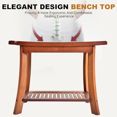 Teak Shower Chair Stool, 24" Shower Bench Seat, Wooden Bathroom Bench with Storage Shelf for Indoor & Outdoor Use - size: 24"