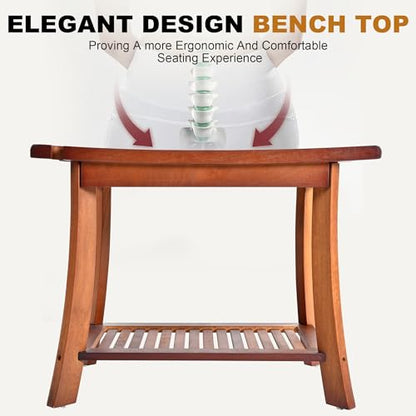 Teak Shower Chair Stool, 24" Shower Bench Seat, Wooden Bathroom Bench with Storage Shelf for Indoor & Outdoor Use - size: 24"